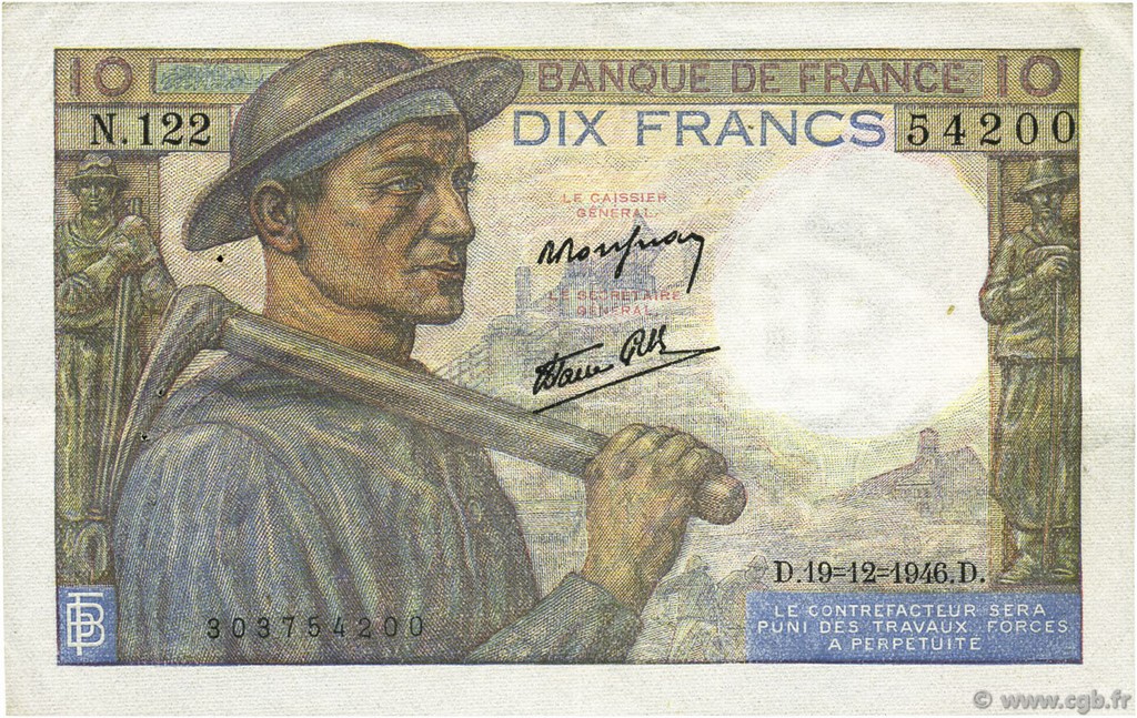 10 Francs MINEUR FRANCE  1946 F.08.16 XF