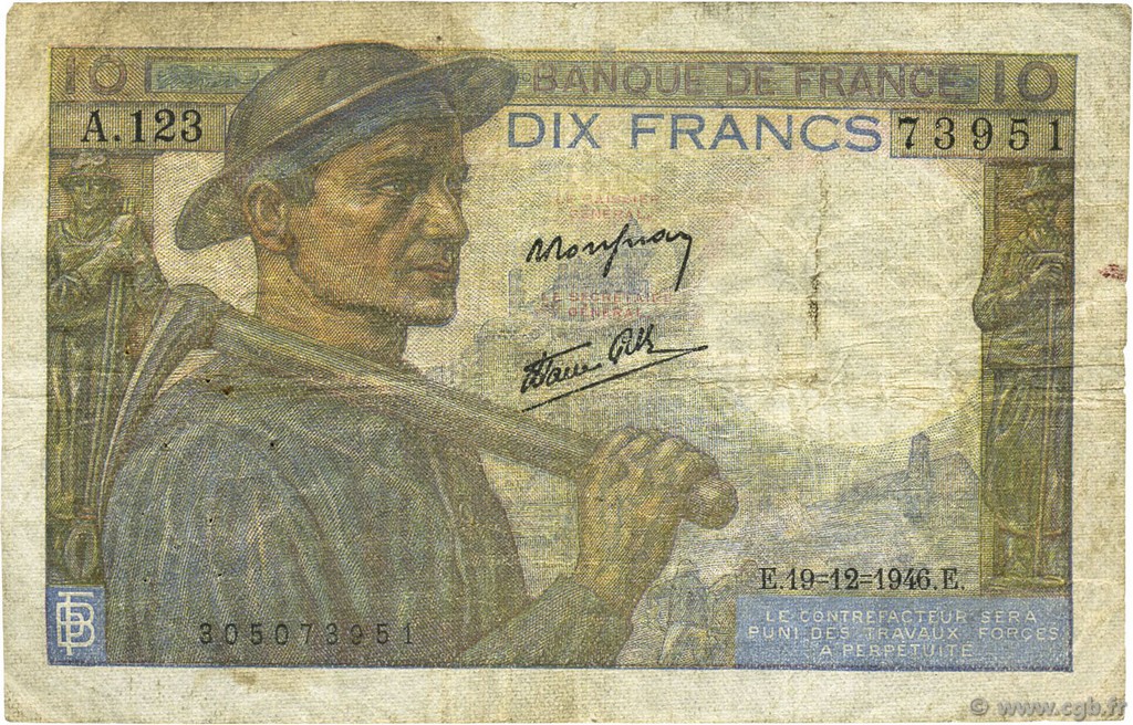 10 Francs MINEUR FRANCIA  1946 F.08.16 MB