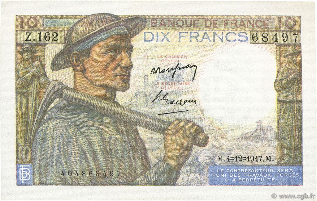 10 Francs MINEUR FRANCIA  1947 F.08.19 FDC