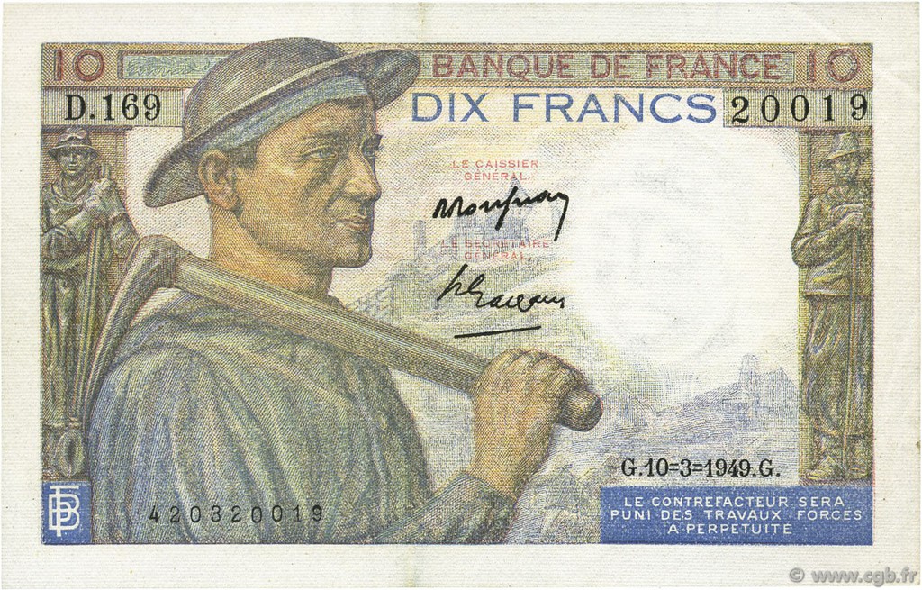10 Francs MINEUR FRANCE  1949 F.08.20 AU-