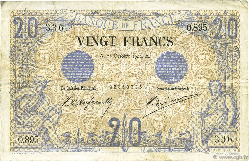 20 Francs NOIR FRANCE  1904 F.09.03 F+