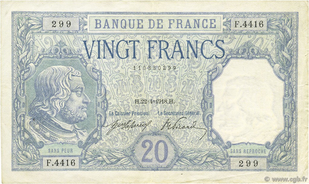 20 Francs BAYARD FRANCIA  1918 F.11.03 SPL