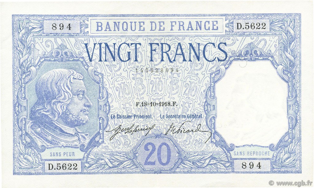 20 Francs BAYARD FRANKREICH  1918 F.11.03 fST