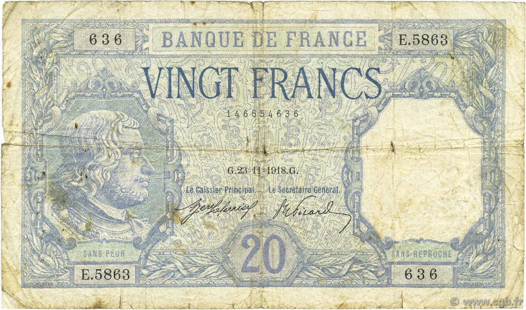 20 Francs BAYARD FRANCE  1918 F.11.03 VG