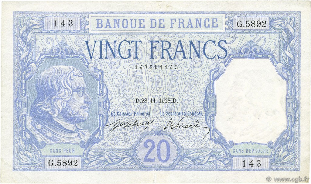 20 Francs BAYARD FRANCE  1918 F.11.03 VF+