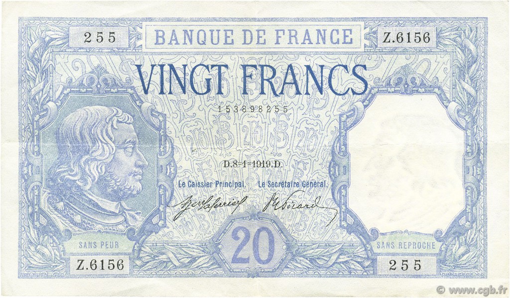 20 Francs BAYARD FRANCE  1919 F.11.04 XF-