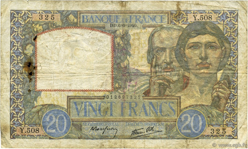 20 Francs TRAVAIL ET SCIENCE FRANKREICH  1940 F.12.03 fS