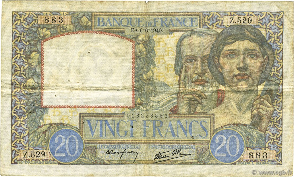 20 Francs TRAVAIL ET SCIENCE FRANKREICH  1940 F.12.03 S