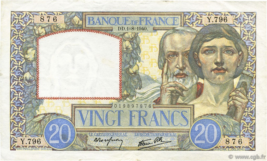 20 Francs TRAVAIL ET SCIENCE FRANCE  1940 F.12.05 XF-