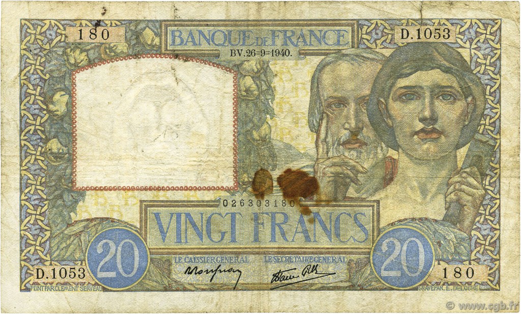 20 Francs TRAVAIL ET SCIENCE FRANCE  1940 F.12.07 B+