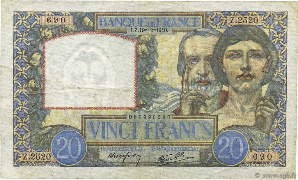 20 Francs TRAVAIL ET SCIENCE FRANKREICH  1940 F.12.11 SS