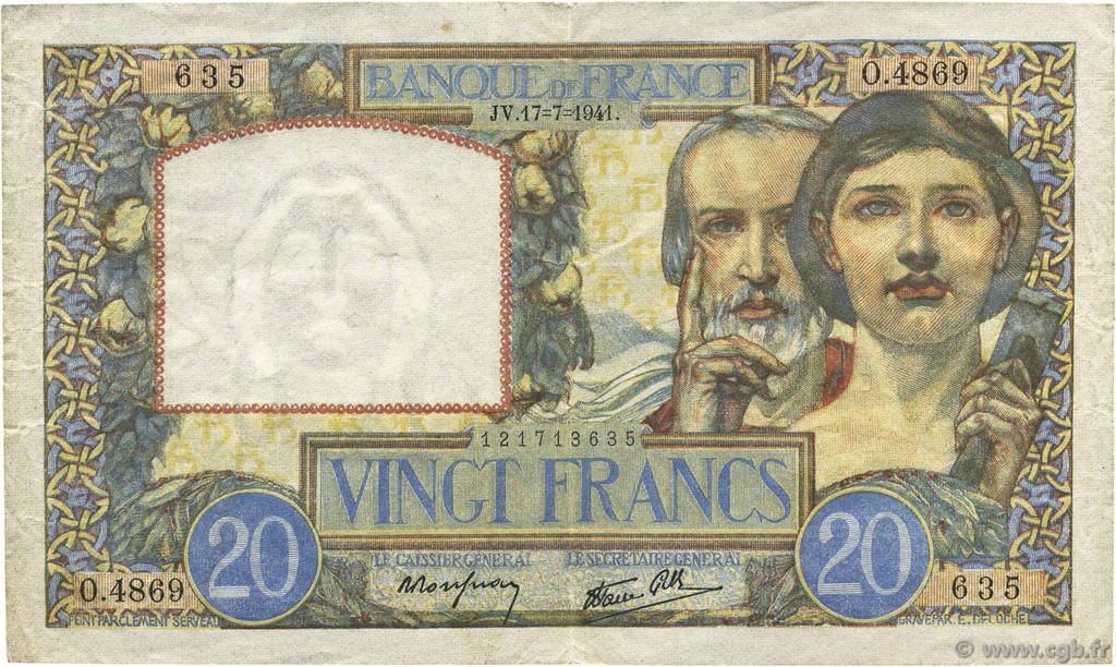 20 Francs TRAVAIL ET SCIENCE FRANKREICH  1941 F.12.16 fVZ