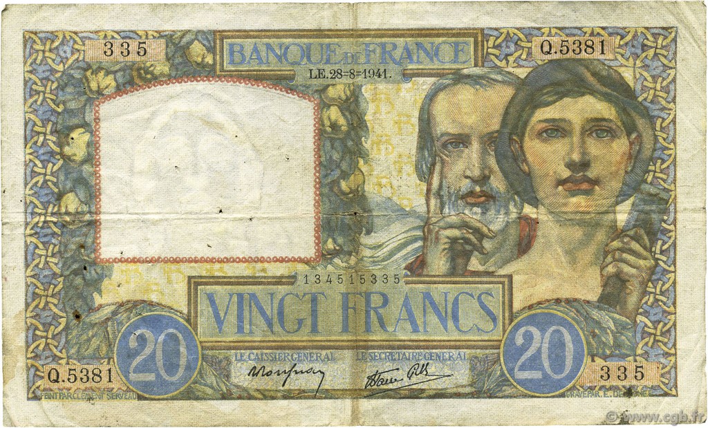 20 Francs TRAVAIL ET SCIENCE FRANCIA  1941 F.12.17 MB