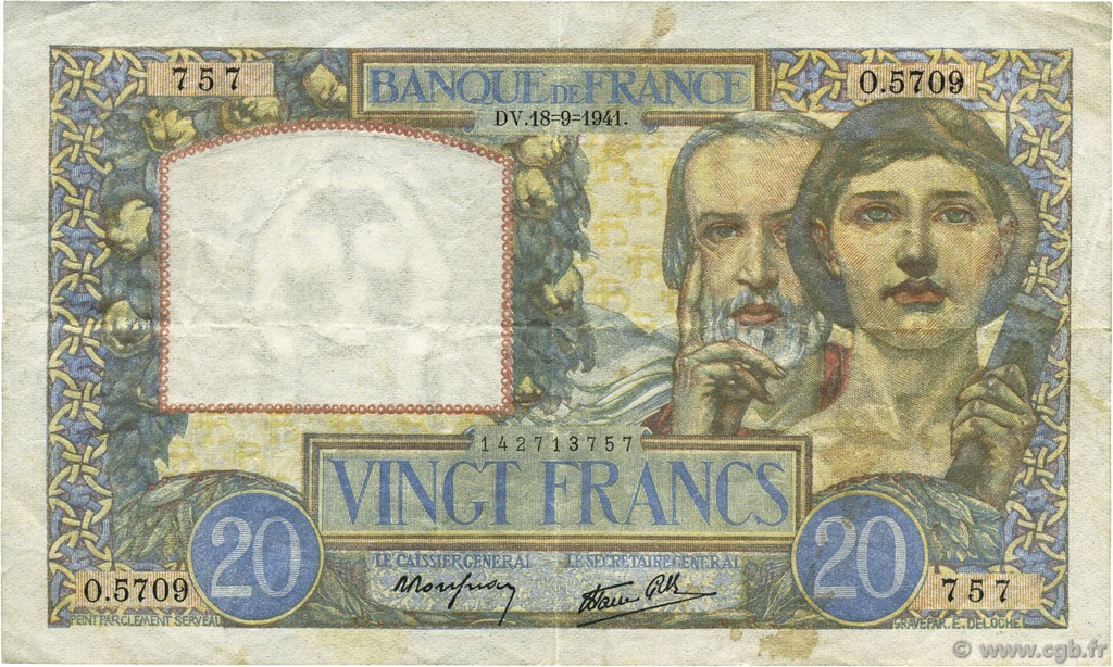 20 Francs TRAVAIL ET SCIENCE FRANCE  1941 F.12.18 VF+