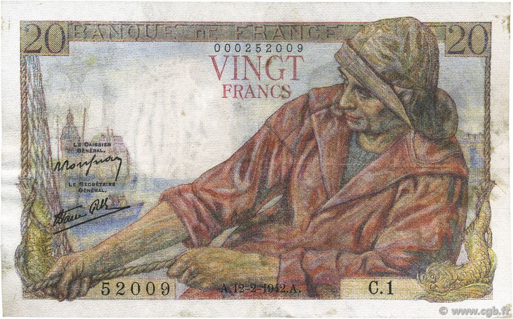 20 Francs PÊCHEUR FRANCIA  1942 F.13.01 MBC