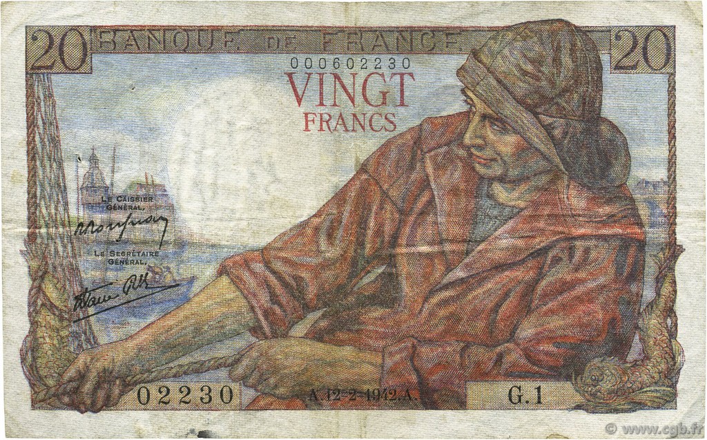 20 Francs PÊCHEUR FRANCIA  1942 F.13.01 MBC