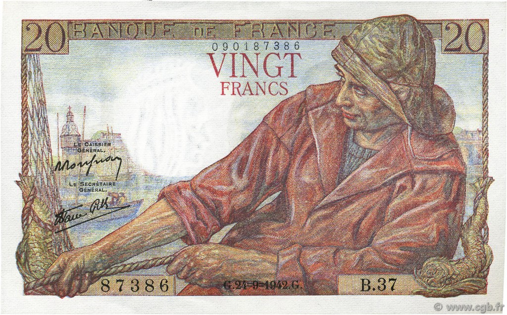 20 Francs PÊCHEUR FRANCE  1942 F.13.03 AU