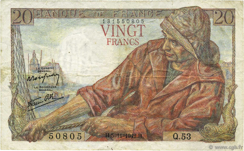20 Francs PÊCHEUR FRANKREICH  1942 F.13.04 fSS