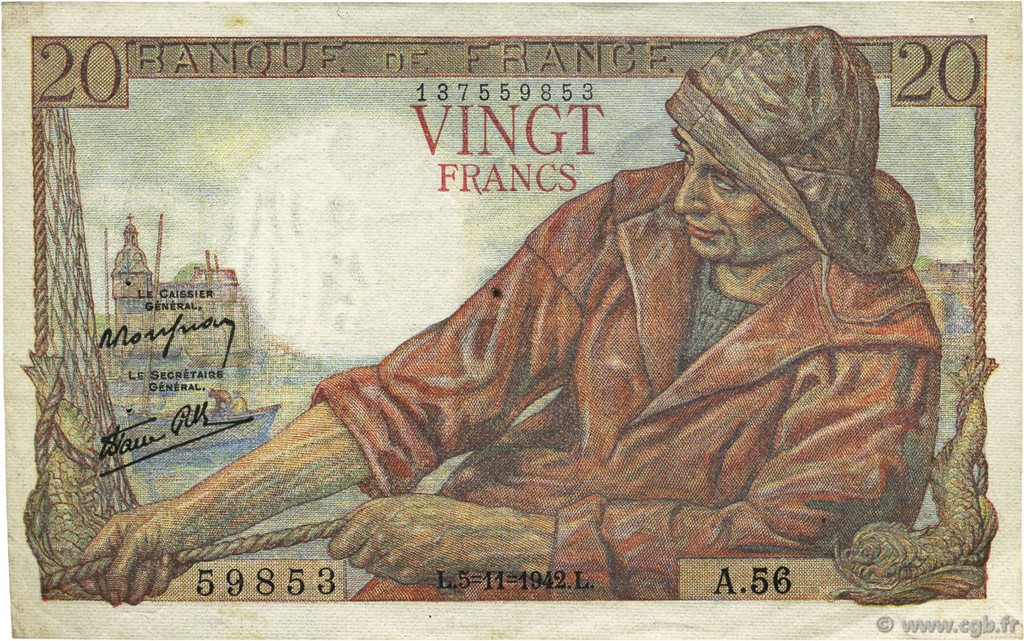 20 Francs PÊCHEUR FRANCE  1942 F.13.04 XF