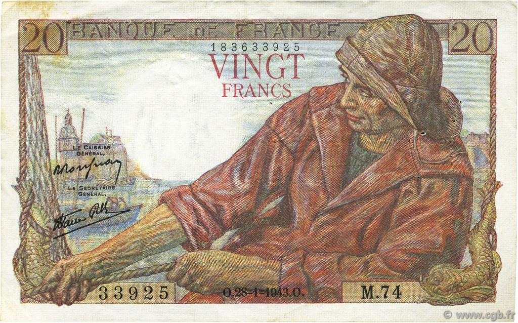 20 Francs PÊCHEUR FRANCE  1943 F.13.05 VF+