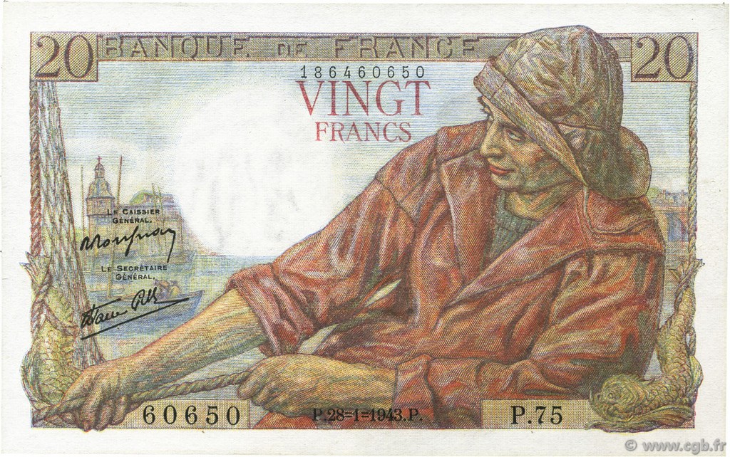 20 Francs PÊCHEUR FRANCIA  1943 F.13.05 AU