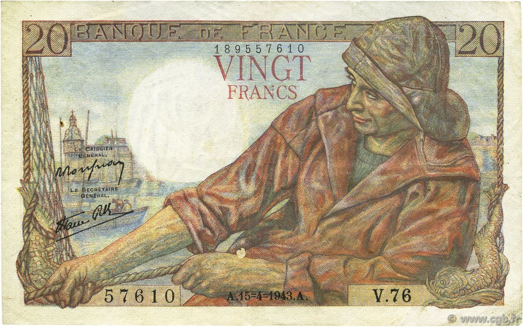 20 Francs PÊCHEUR FRANCE  1943 F.13.06 VF+