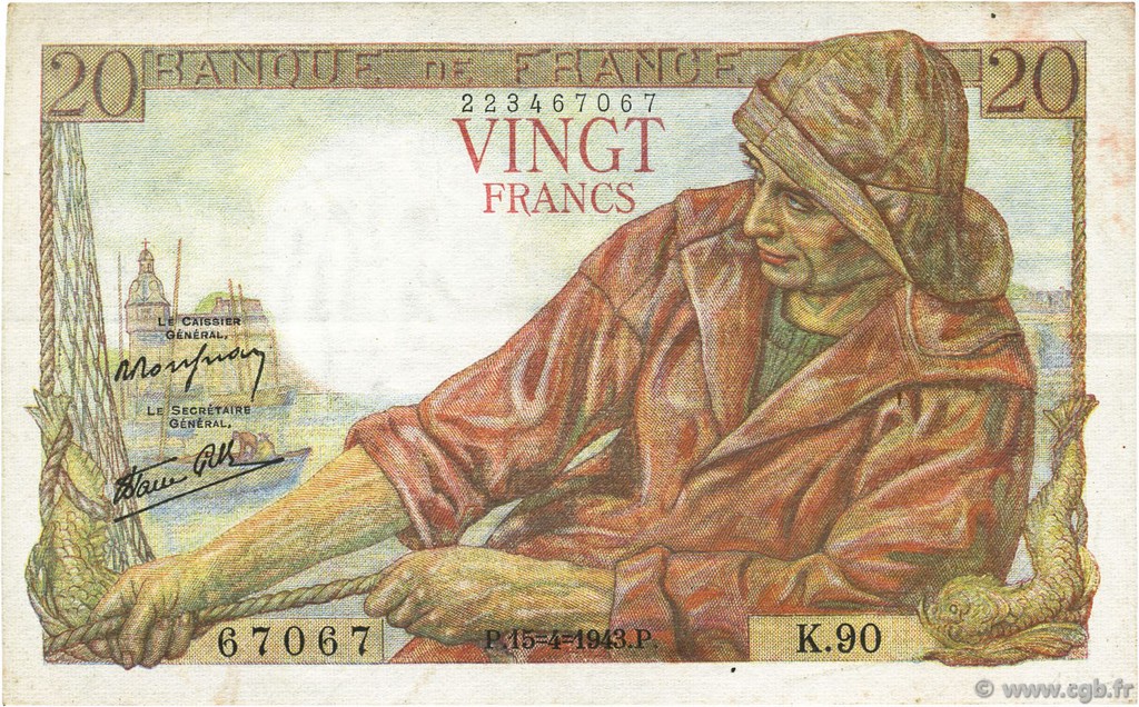 20 Francs PÊCHEUR FRANCIA  1943 F.13.06 MBC+