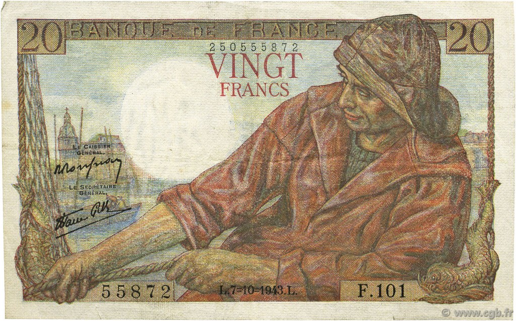 20 Francs PÊCHEUR FRANCIA  1943 F.13.07 BB