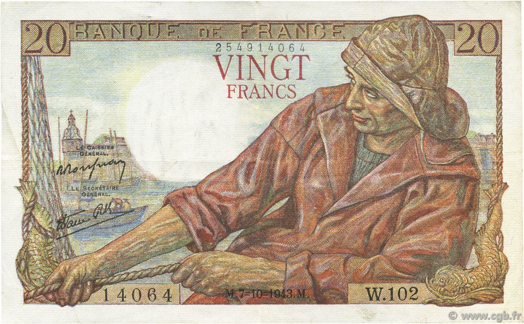 20 Francs PÊCHEUR FRANCIA  1943 F.13.07 EBC