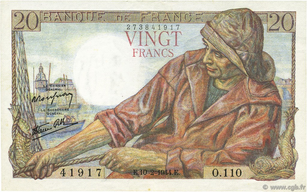 20 Francs PÊCHEUR FRANKREICH  1944 F.13.08 fST