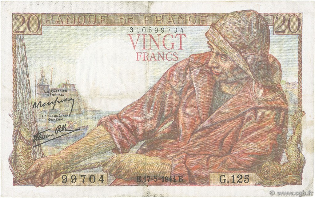 20 Francs PÊCHEUR FRANCE  1944 F.13.09 VF