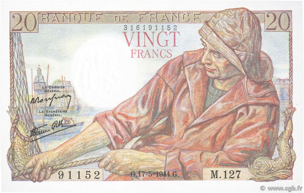 20 Francs PÊCHEUR FRANCIA  1944 F.13.09 FDC
