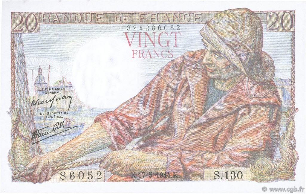 20 Francs PÊCHEUR FRANCIA  1944 F.13.09 q.FDC