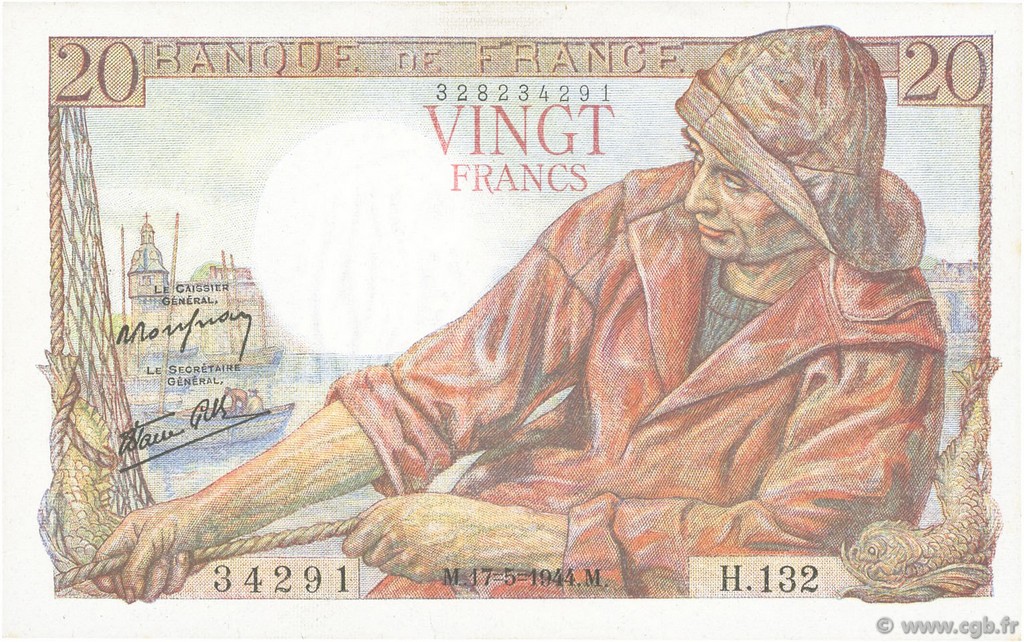 20 Francs PÊCHEUR FRANKREICH  1944 F.13.09 VZ+