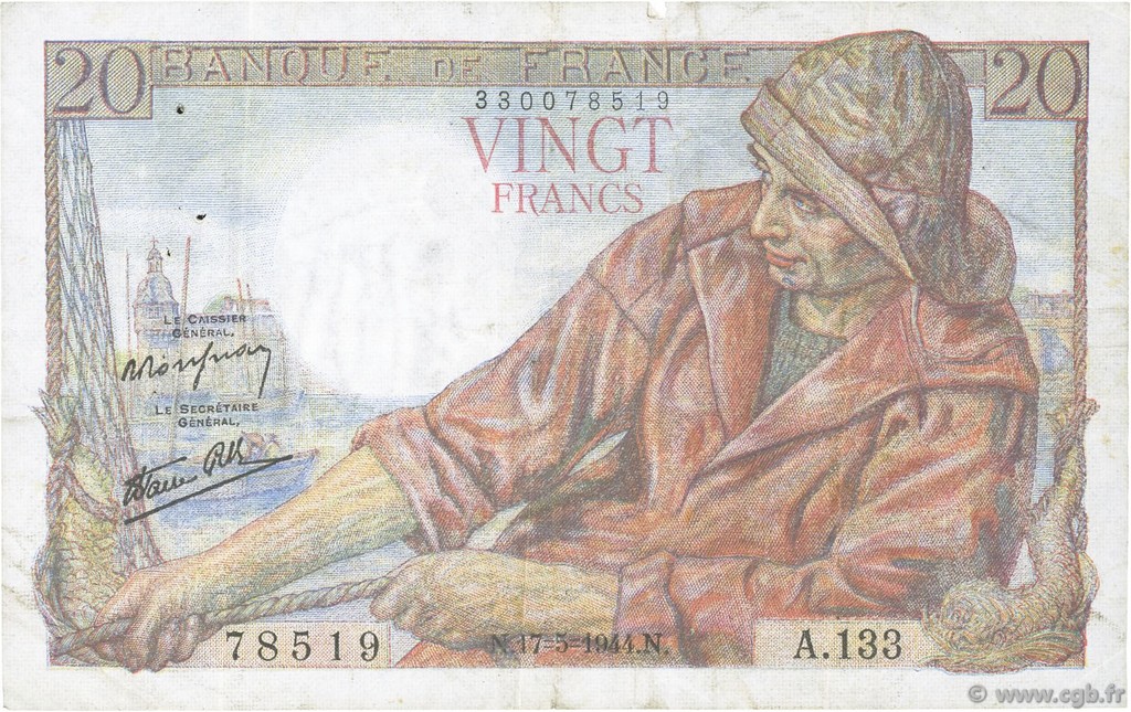 20 Francs PÊCHEUR FRANCE  1944 F.13.09 TTB