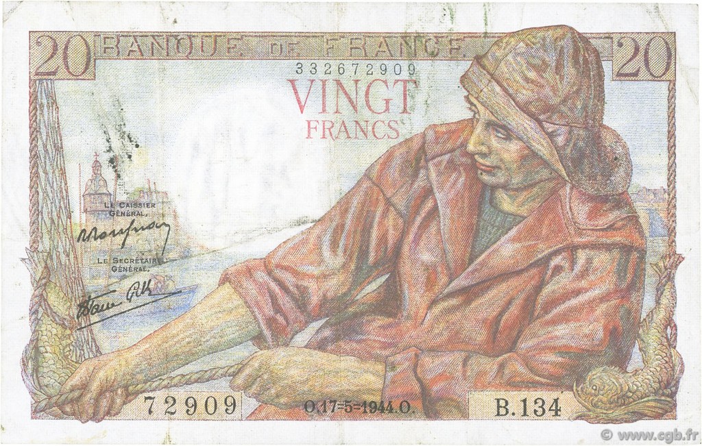 20 Francs PÊCHEUR FRANCIA  1944 F.13.09 MBC