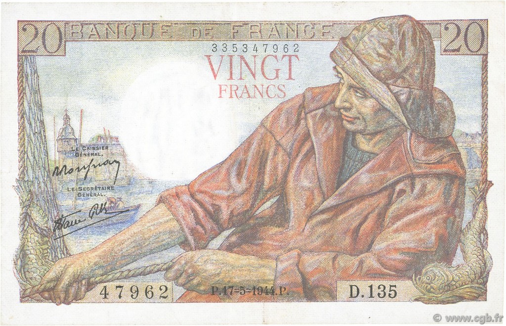 20 Francs PÊCHEUR FRANKREICH  1944 F.13.09 fVZ