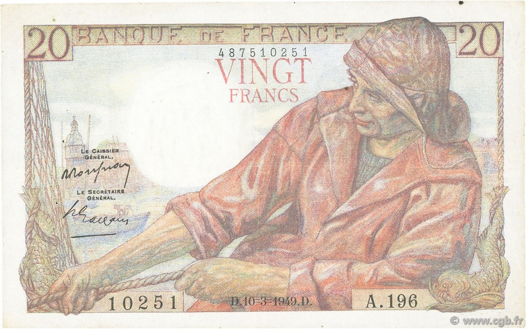 20 Francs PÊCHEUR FRANCE  1949 F.13.14 VF+