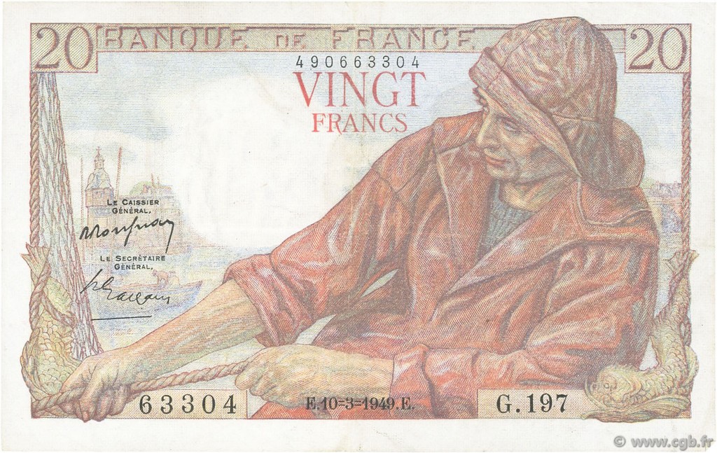 20 Francs PÊCHEUR FRANKREICH  1949 F.13.14 fVZ