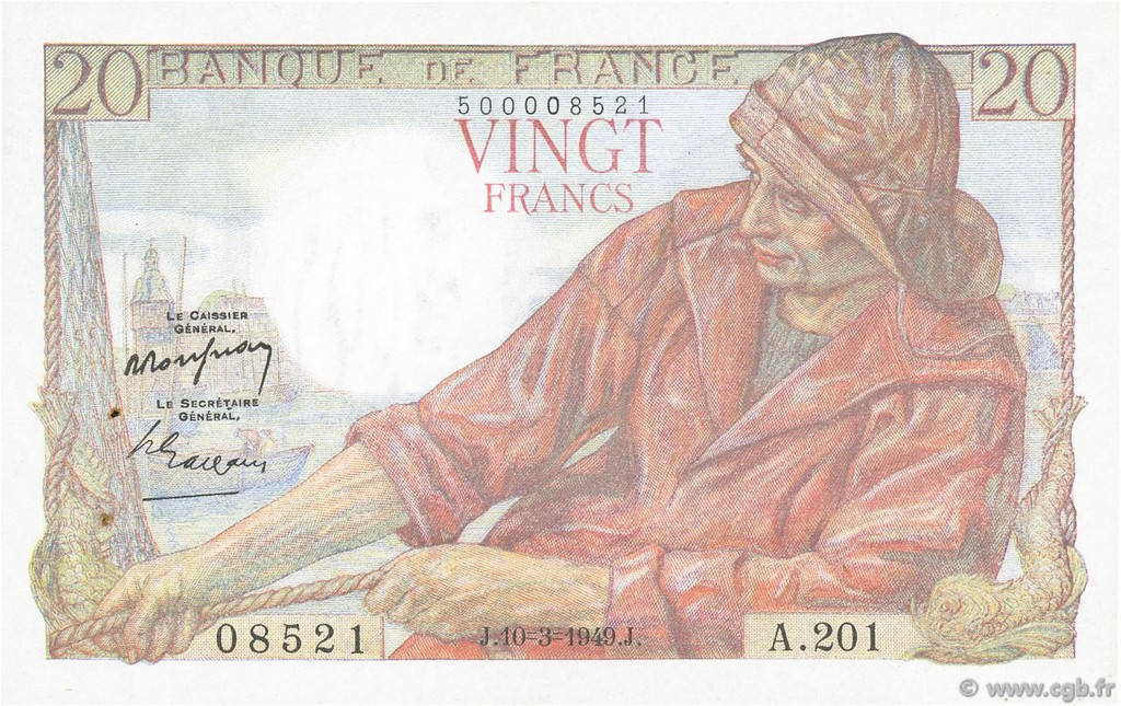 20 Francs PÊCHEUR FRANKREICH  1949 F.13.14 VZ+
