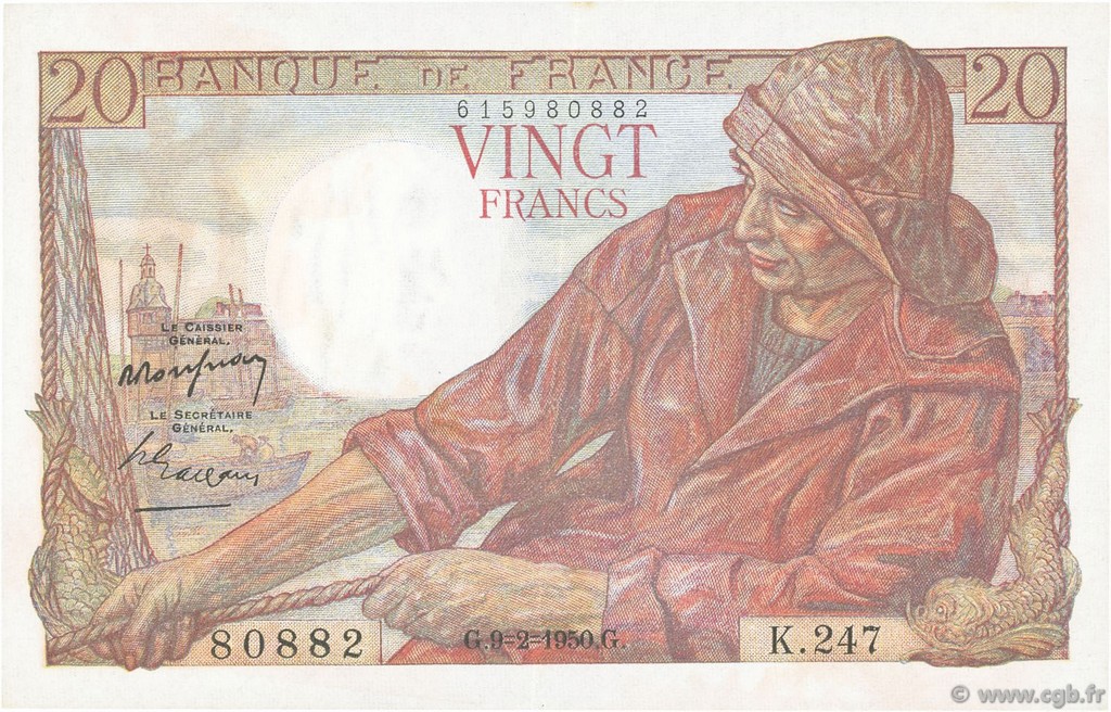 20 Francs PÊCHEUR FRANKREICH  1950 F.13.17a VZ+