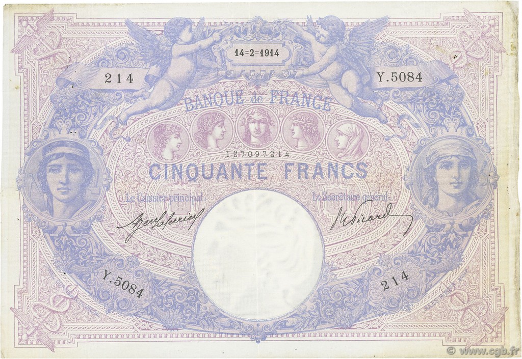 50 Francs BLEU ET ROSE FRANKREICH  1914 F.14.27 SS