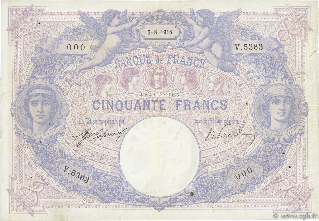 50 Francs BLEU ET ROSE FRANCE  1914 F.14.27 TB