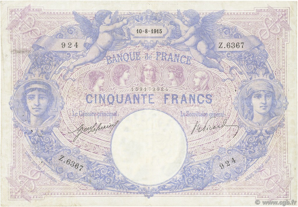 50 Francs BLEU ET ROSE FRANCE  1915 F.14.28 F