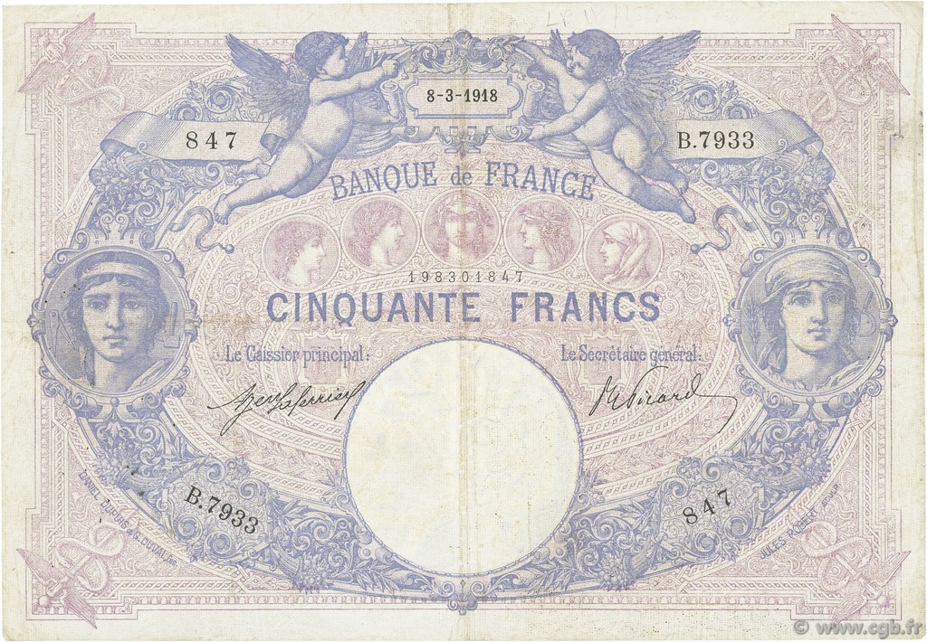 50 Francs BLEU ET ROSE FRANCE  1918 F.14.31 F+