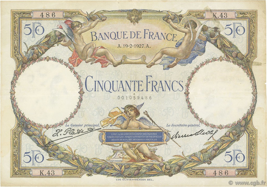 50 Francs LUC OLIVIER MERSON FRANCE  1927 F.15.01 VF-