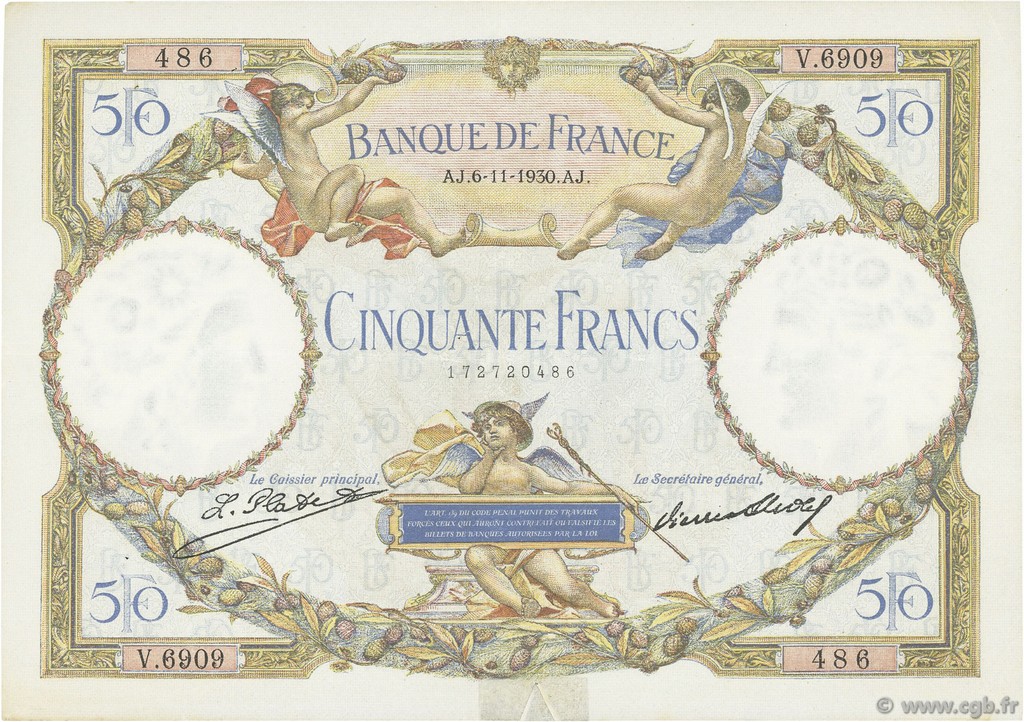 50 Francs LUC OLIVIER MERSON type modifié FRANKREICH  1930 F.16.01 fVZ