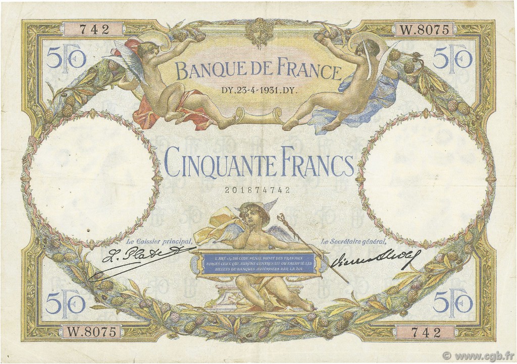 50 Francs LUC OLIVIER MERSON type modifié FRANCIA  1931 F.16.02 q.BB