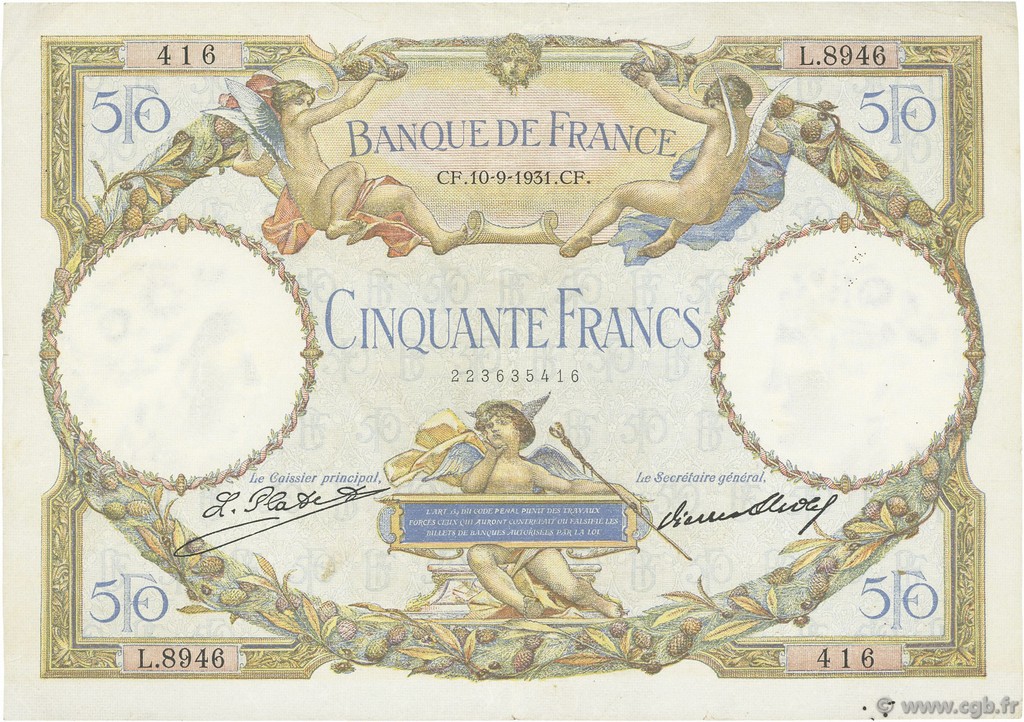 50 Francs LUC OLIVIER MERSON type modifié FRANCIA  1931 F.16.02 MBC
