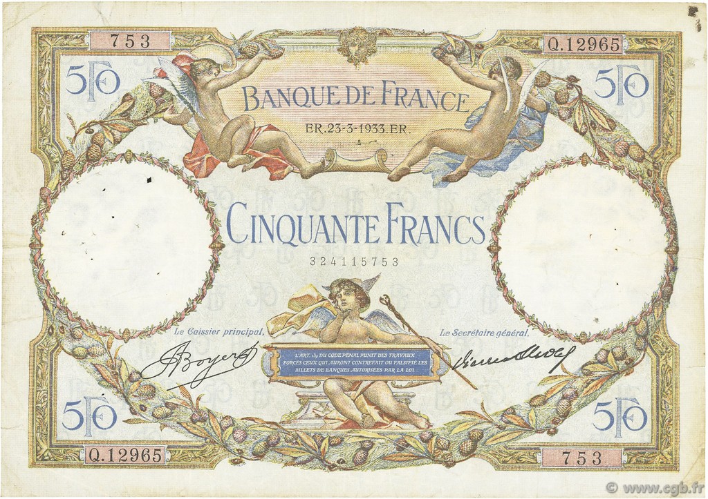 50 Francs LUC OLIVIER MERSON type modifié FRANKREICH  1933 F.16.04 S